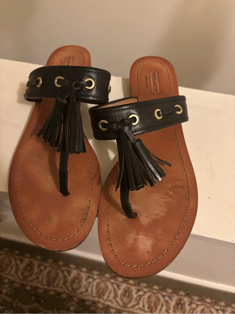 Coach Black Leather Tassel Thong Sandals
